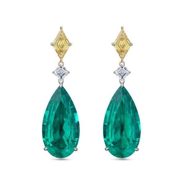 Yellow and White Lab-Grown Diamonds, Emerald Drop Earrings